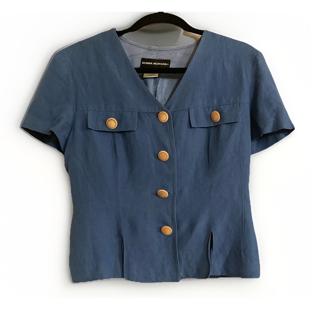 Donna Morgan Womens Sz 10 Blue Linen Blend Cropped Top Vintage